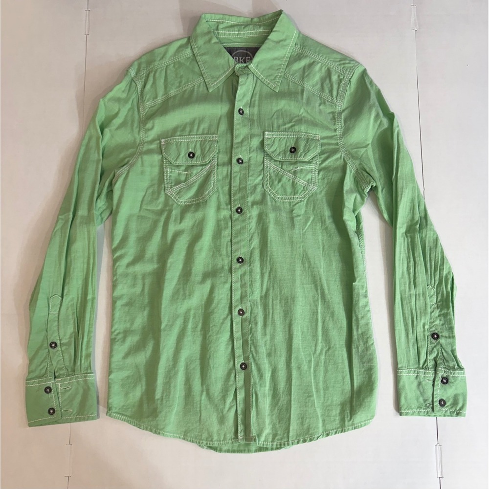 BKE Standard Fit Green Western Button Up Shirt Contrast Stitch Men's Small
